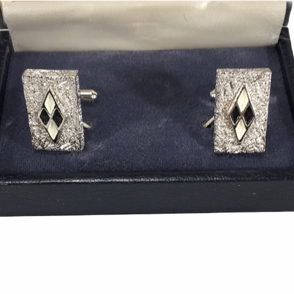 Cesting Rectangle Diamond Cuff Links, Black, Cream
